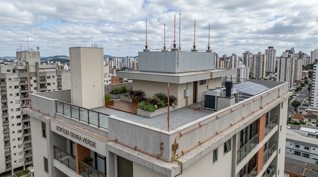 Cobertura de edifício com sistema de proteção contra descargas atmosféricas
